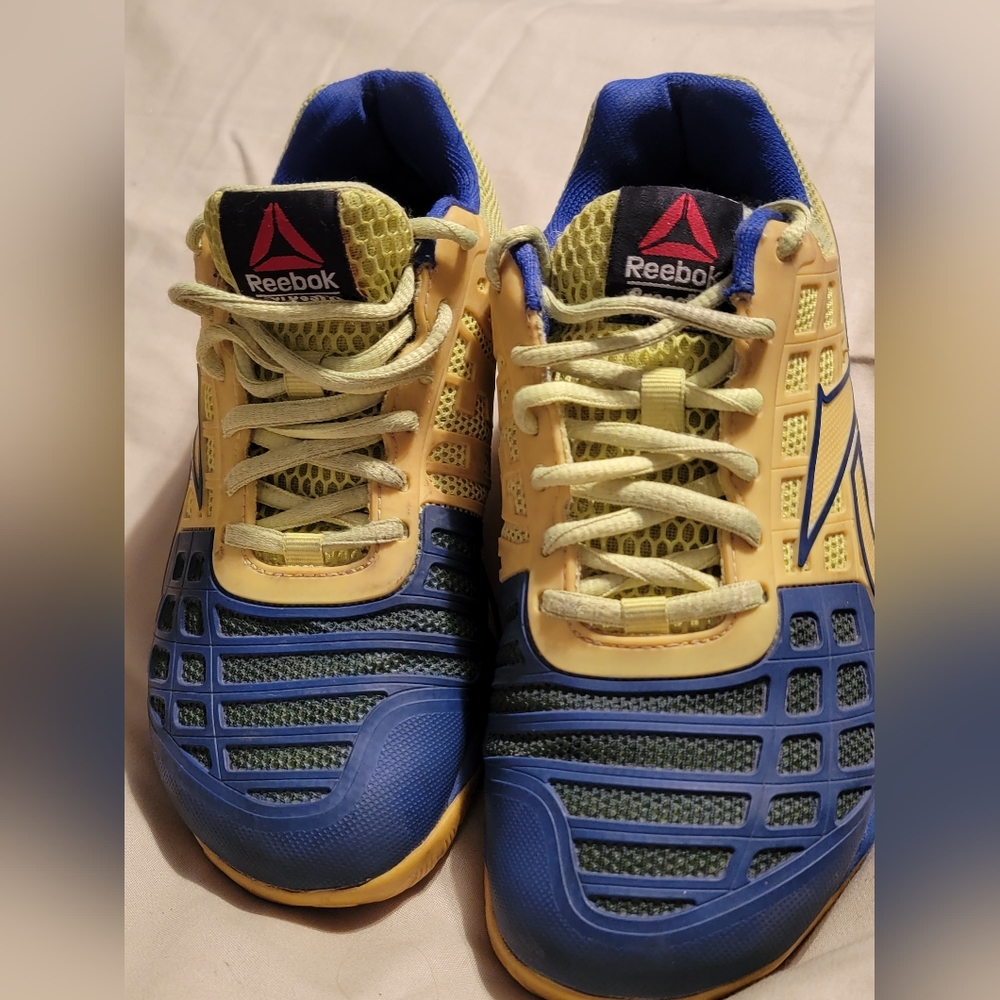 Reebok: Women's size 6 & 1/2, athletic-tennis shoes, neon & blue, lace-up